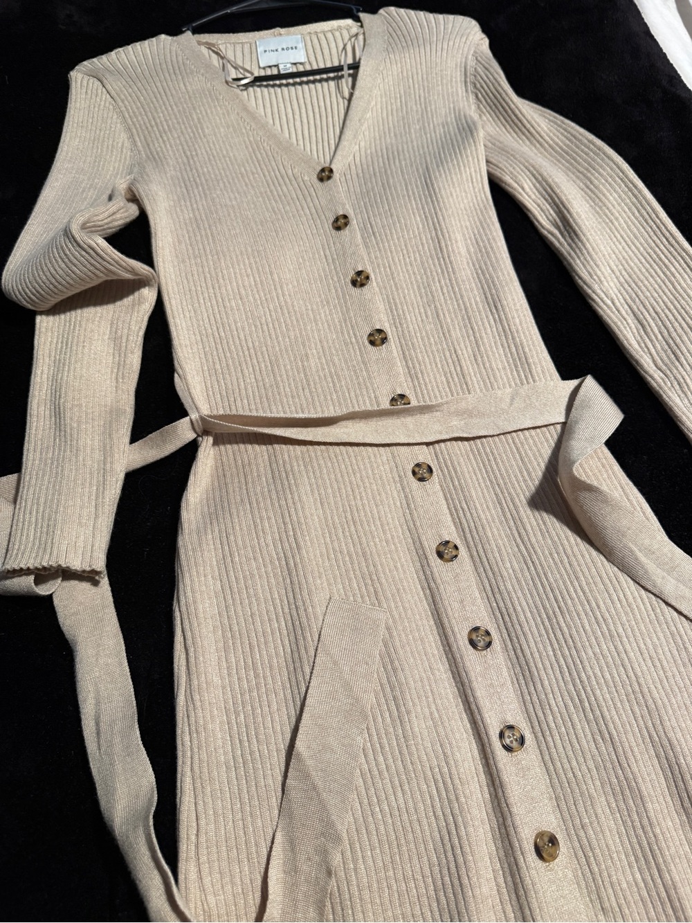 Pink Rose Long Sleeve Ribbed Button-Down Dress in Beige